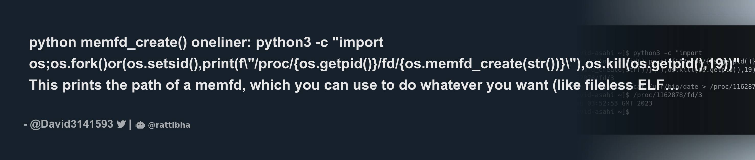 Python memfd create oneliner python3 c import os os fork or os