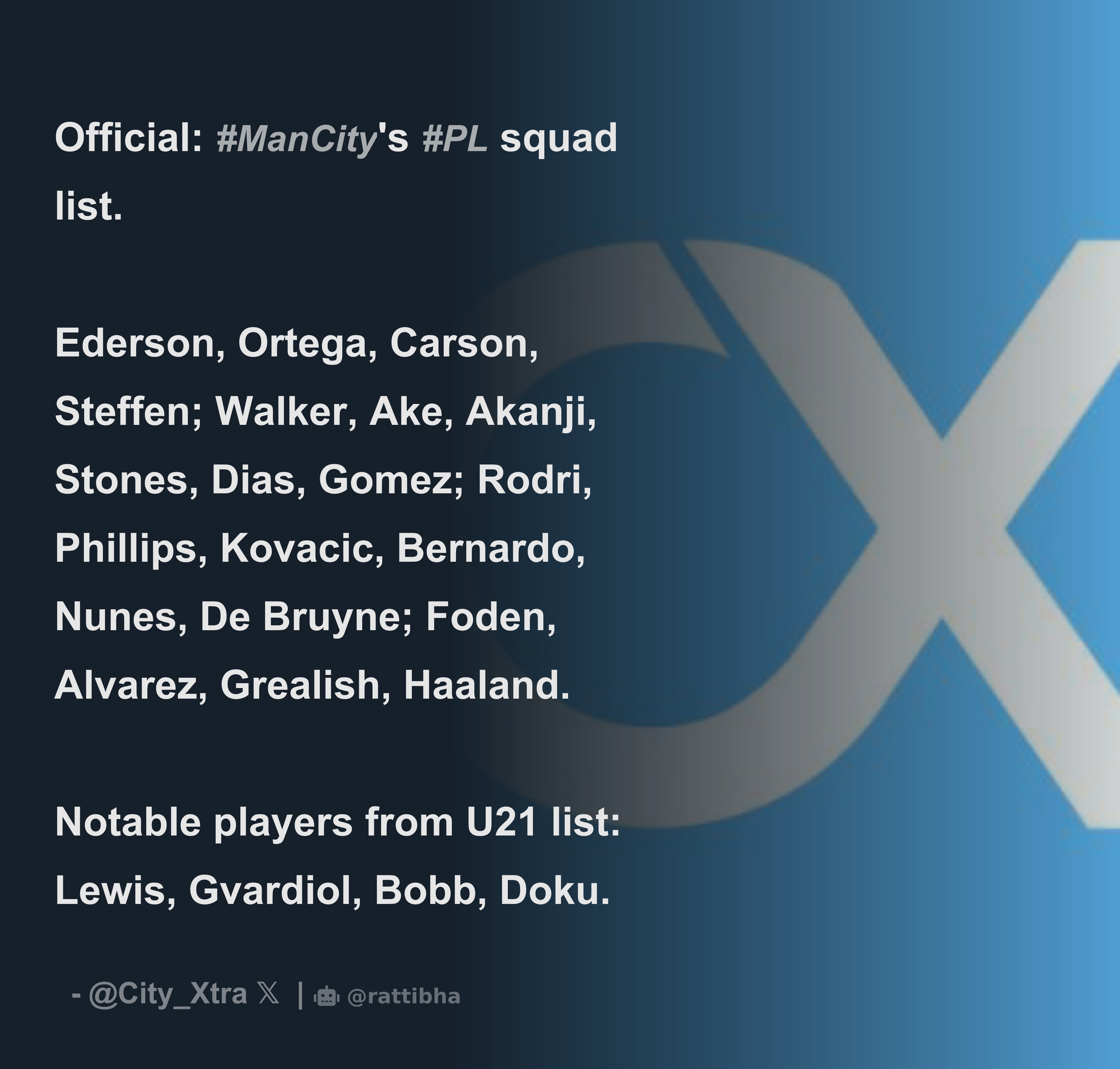 Official ManCity's PL squad list. Ederson, Ortega, Carson, Steffen